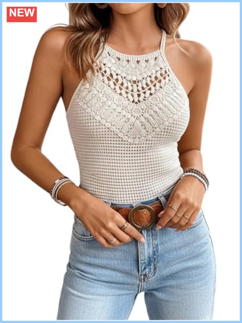 Waffle Knit Lace Halter Crop Top Tie Back Summer Vacation Vest